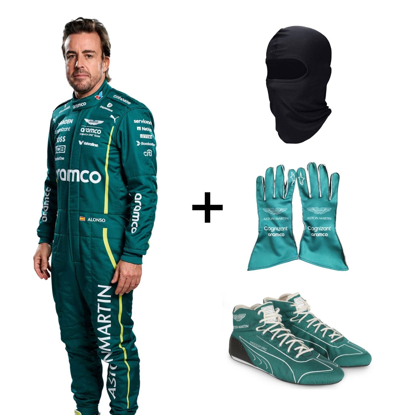 2025 Fernando Alonso Formula 1 Aston Martin racing suit with matching gloves, shoes, and balaclava - GPX WEAR