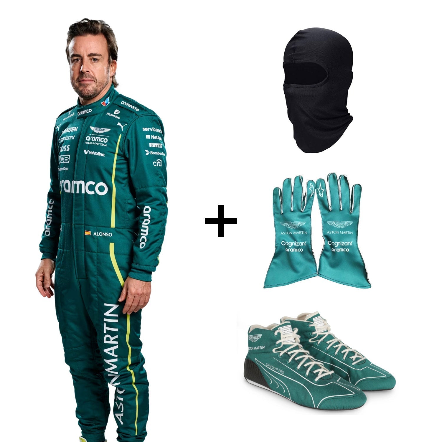 2025 Fernando Alonso Formula 1 Aston Martin racing suit with matching gloves, shoes, and balaclava - GPX WEAR
