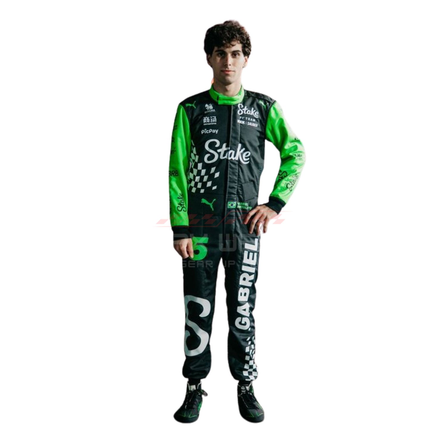 2025 Gabriel Bortoleto Las Vegas F1 Racing Suit with 'Stake' and 'Puma' branding on a white background