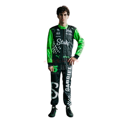2025 Gabriel Bortoleto Las Vegas F1 Racing Suit with 'Stake' and 'Puma' branding on a white background