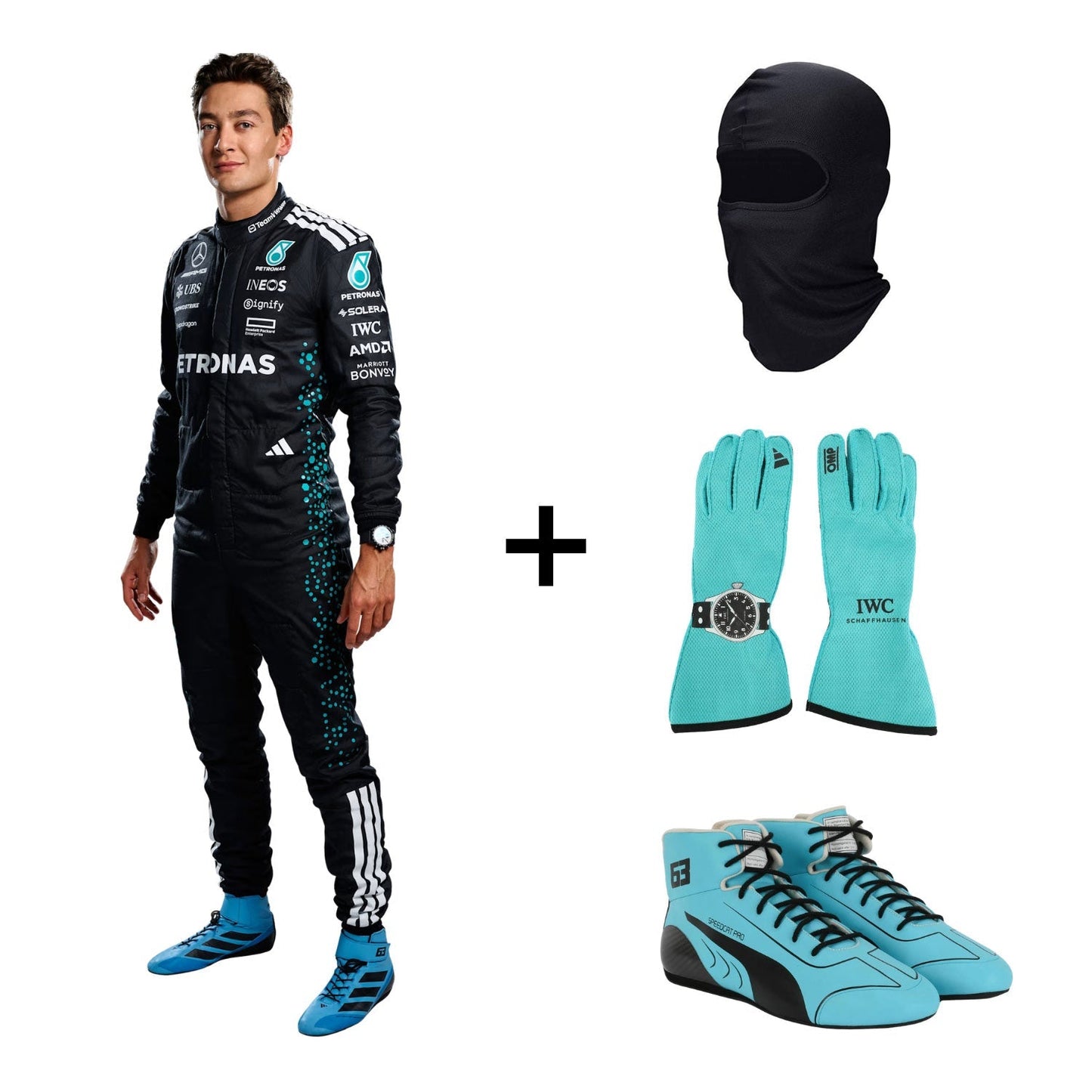 2025 George Russell Mercedes F1 Racing suit with matching gloves, boots, and balaclava - GPX WEAR