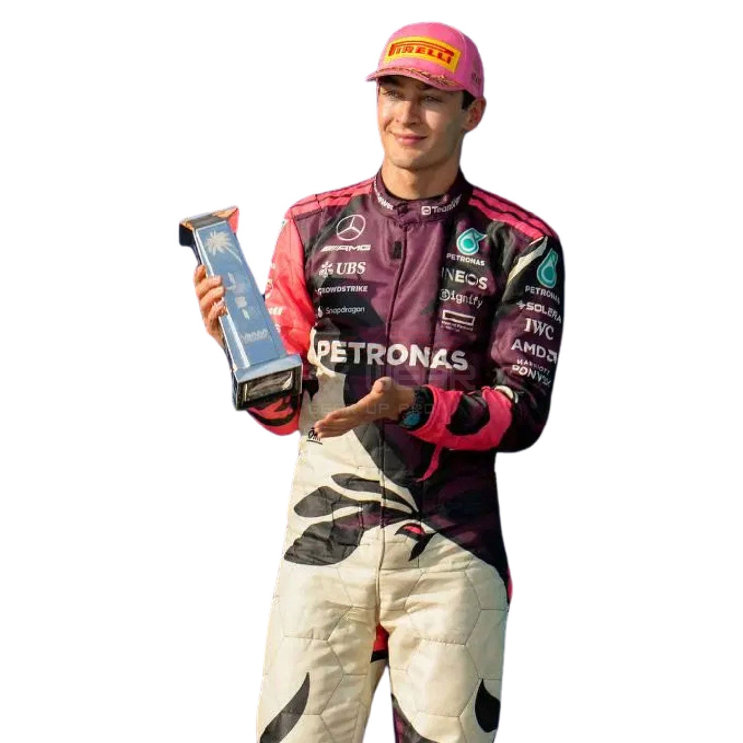 2025 George Russell Holding Award wearing Miami GP F1 Racing Suit Team Mercedes