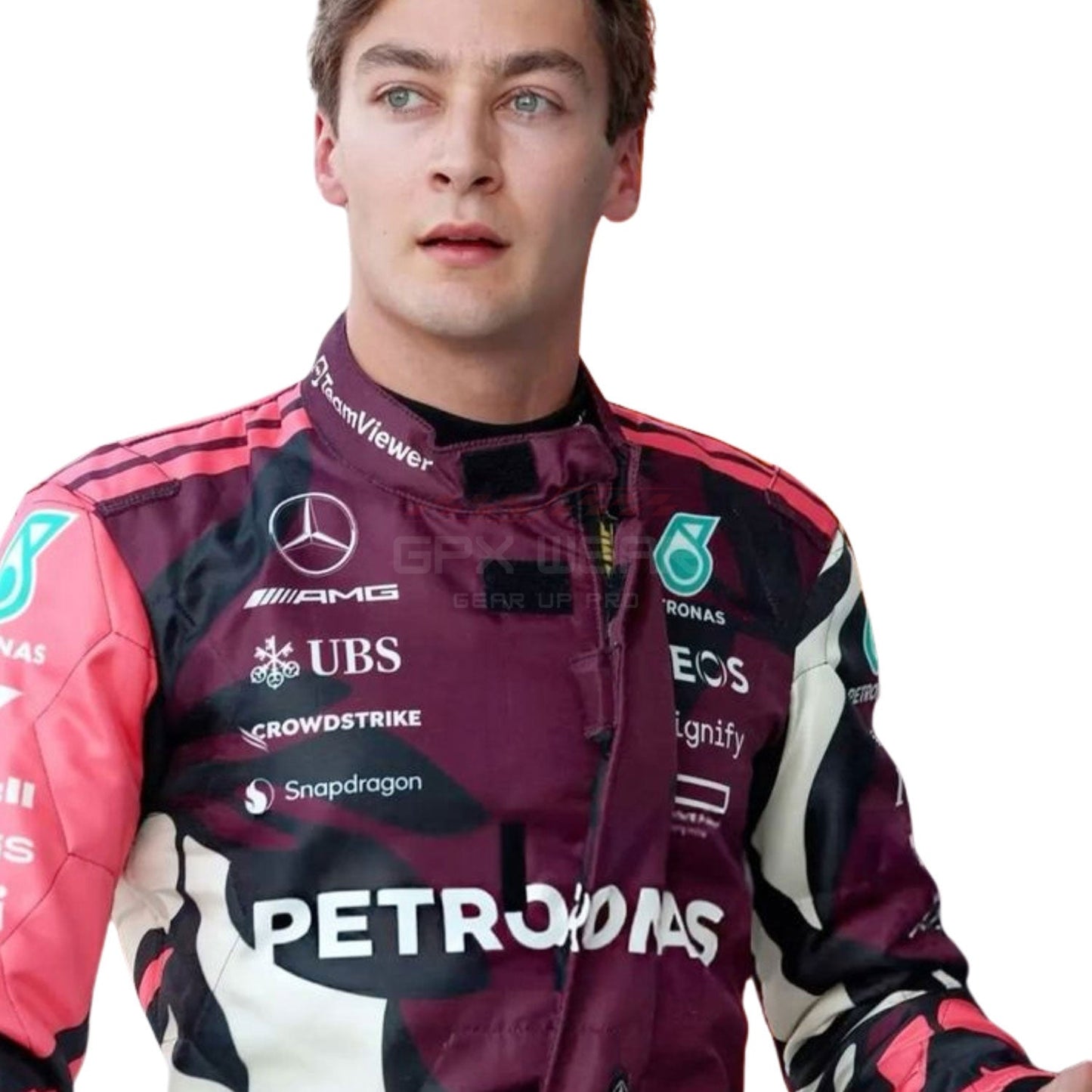 Close Up View of 2025 George Russell Miami GP F1 Racing Suit Team Mercedes