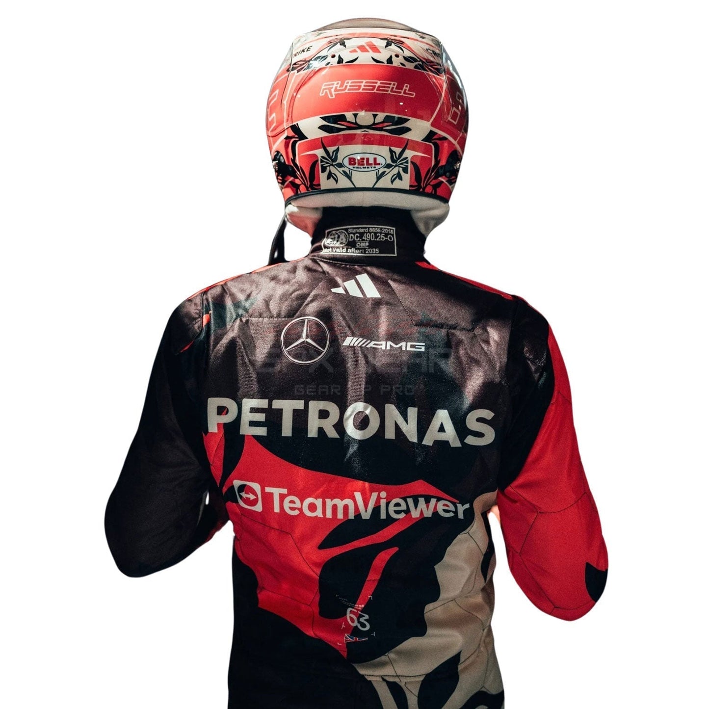 Back View of 2025 George Russell Miami GP F1 Racing Suit Team Mercedes