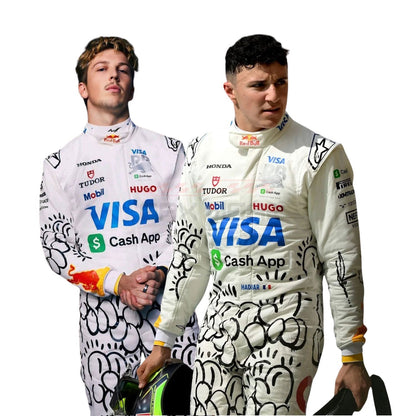 2025 Isack Hadjar Ana Liam Lawson Both wearing British GP F1 Racing Suit Team Racing Bulls