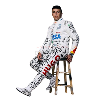 2025 Isack Hadjar British GP F1 Racing Suit with various logos, sitting on a stool.