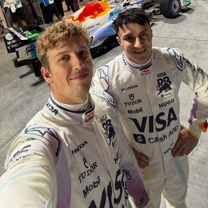2025 Isack Hadjar And Liam Taking Selfie Wearing Las Vegas F1 Racing Suit Team Racing Bulls