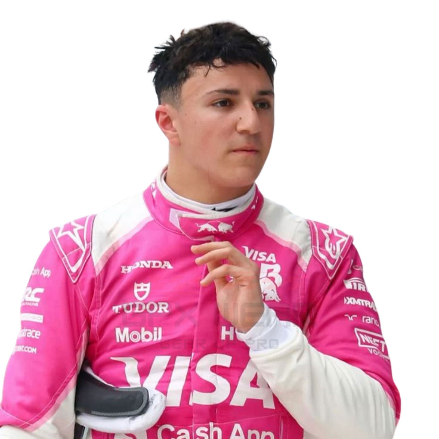 Close Up View of 2025 Isack Hadjar wearing Miami GP F1 Racing Suit Team Racing Bulls