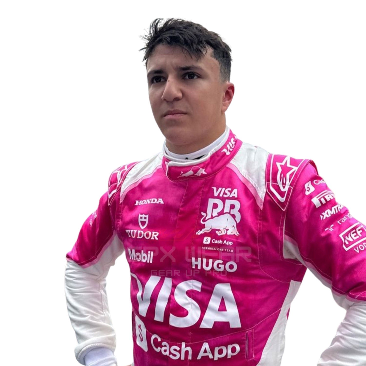 Close Up View of 2025 Isack Hadjar wearing Miami GP F1 Racing Suit Team Racing Bulls - GPX Wear