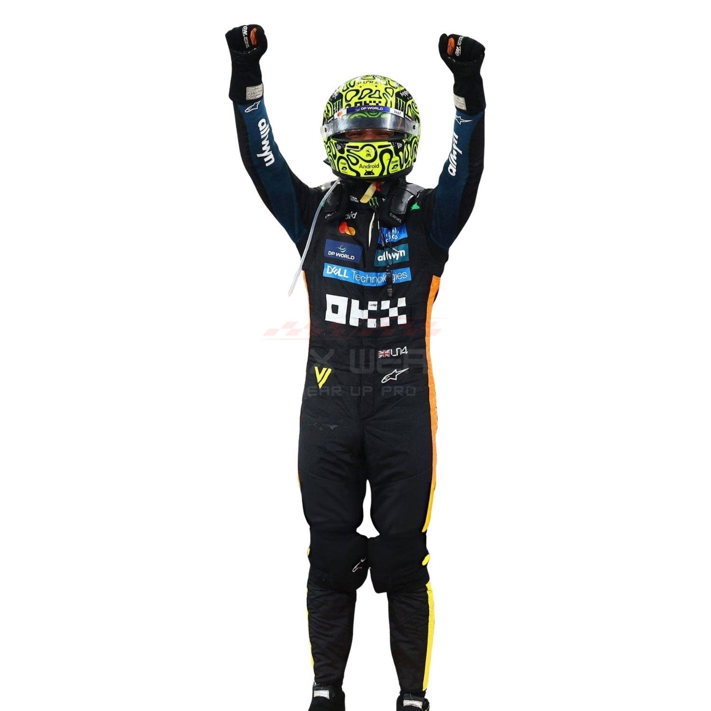 2025 Lando Norris Abu Dhabi GP F1 Racing Suit and helmet with raised arms on a white background