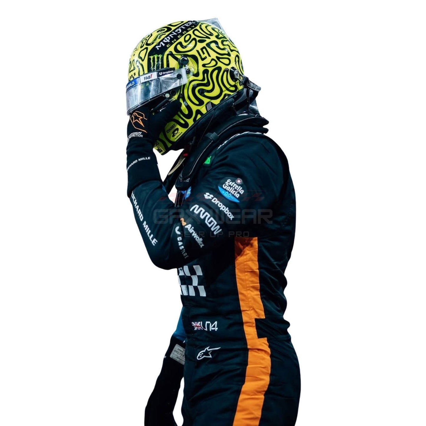 2025 Lando Norris Abu Dhabi GP F1 Racing Suit and helmet with visible branding 