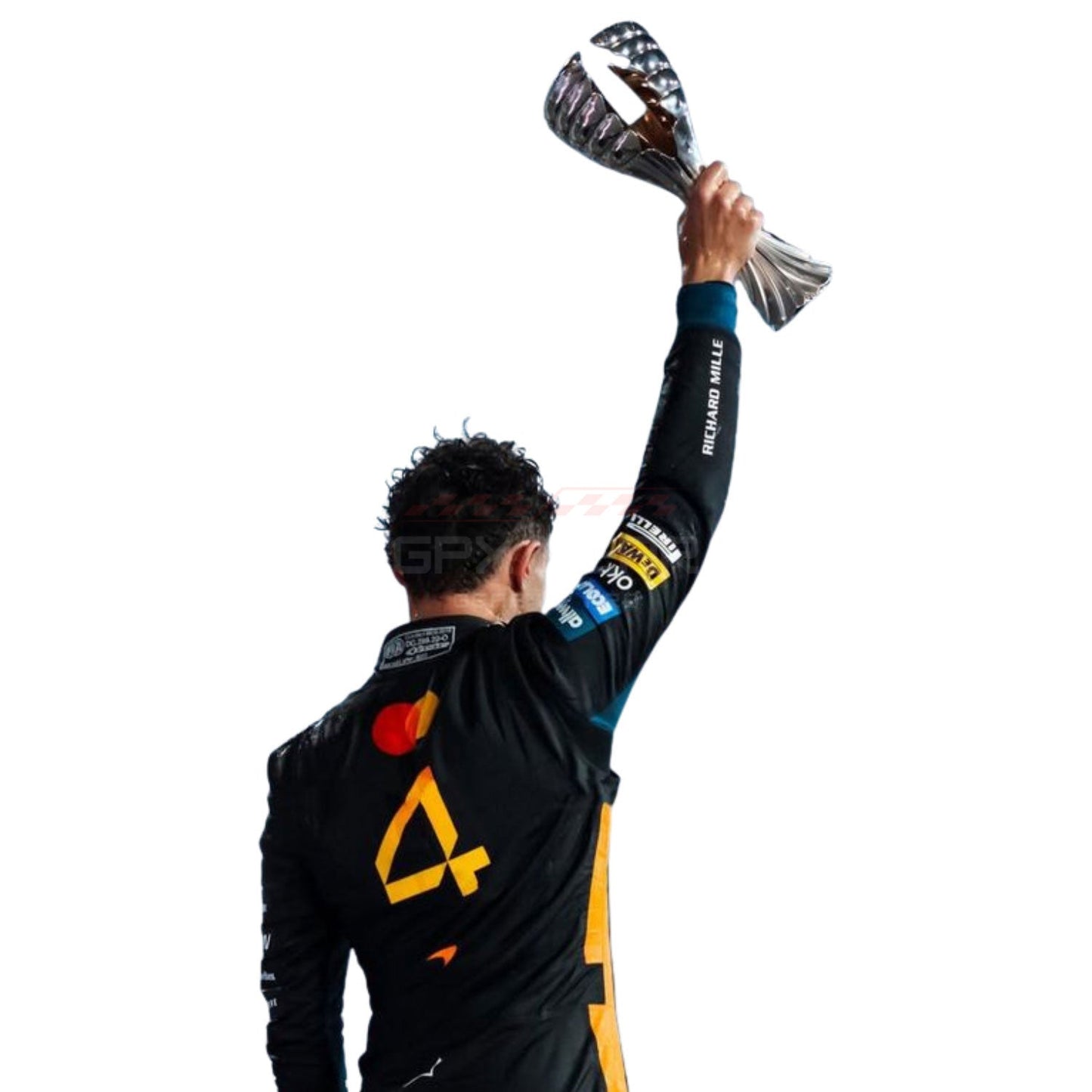 2025 Lando Norris Abu Dhabi GP F1 holding a trophy against a white background