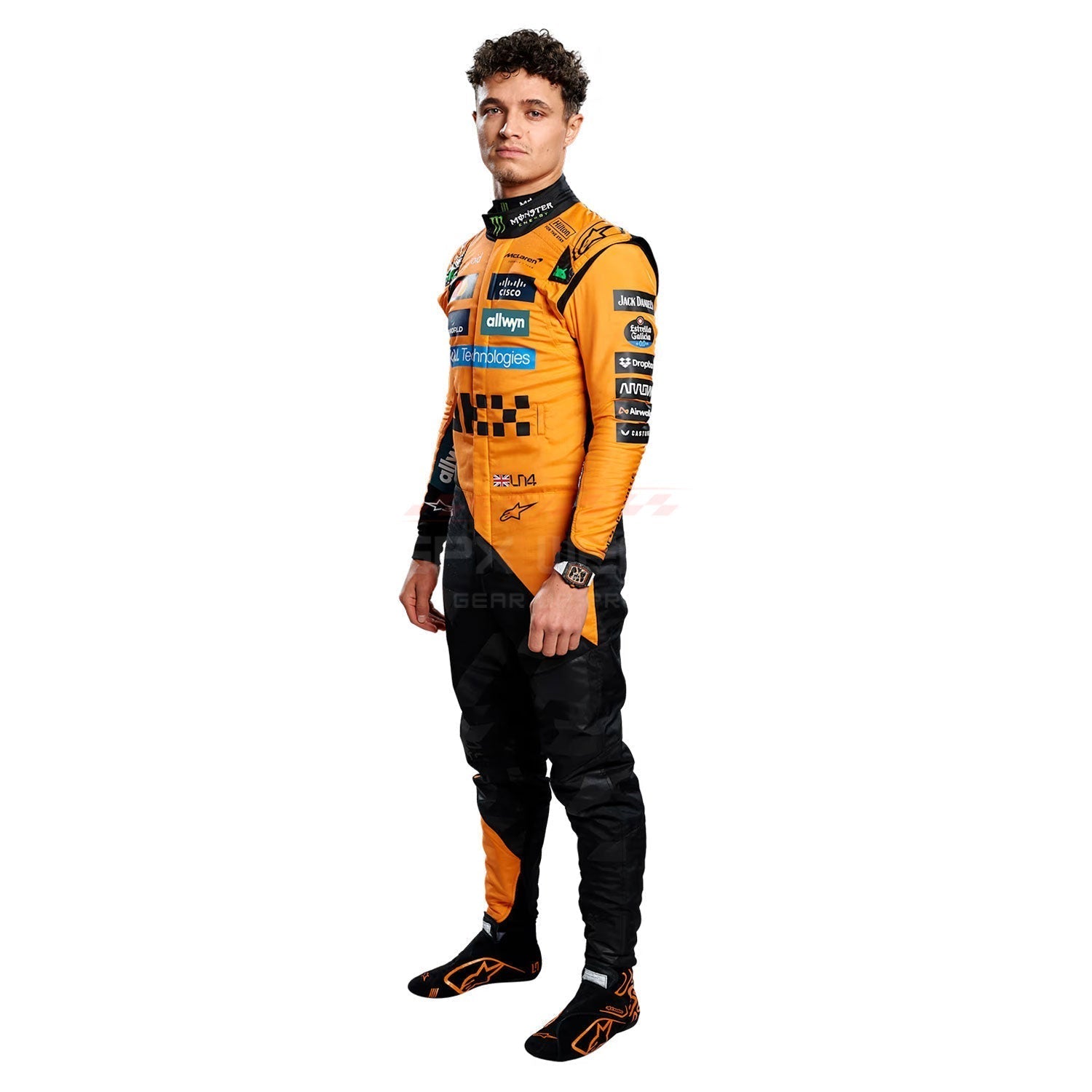 Lando Norris wearing an orange and black McLaren 2025 F1 racing suit - GPX WEAR