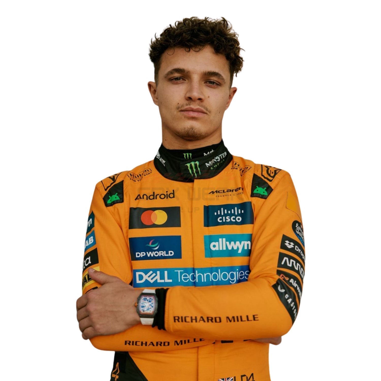 Lando Norris wearing an orange and black McLaren 2025 F1 racing suit with various sponsor logos - GPX WEAR