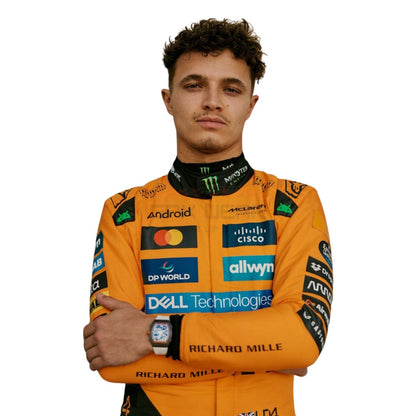 Lando Norris wearing an orange and black McLaren 2025 F1 racing suit with various sponsor logos - GPX WEAR