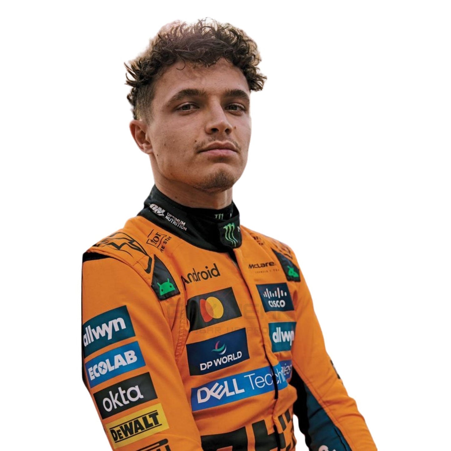 Lando Norris wearing an orange and black McLaren 2025 F1 racing suit with various sponsor logos - GPX WEAR