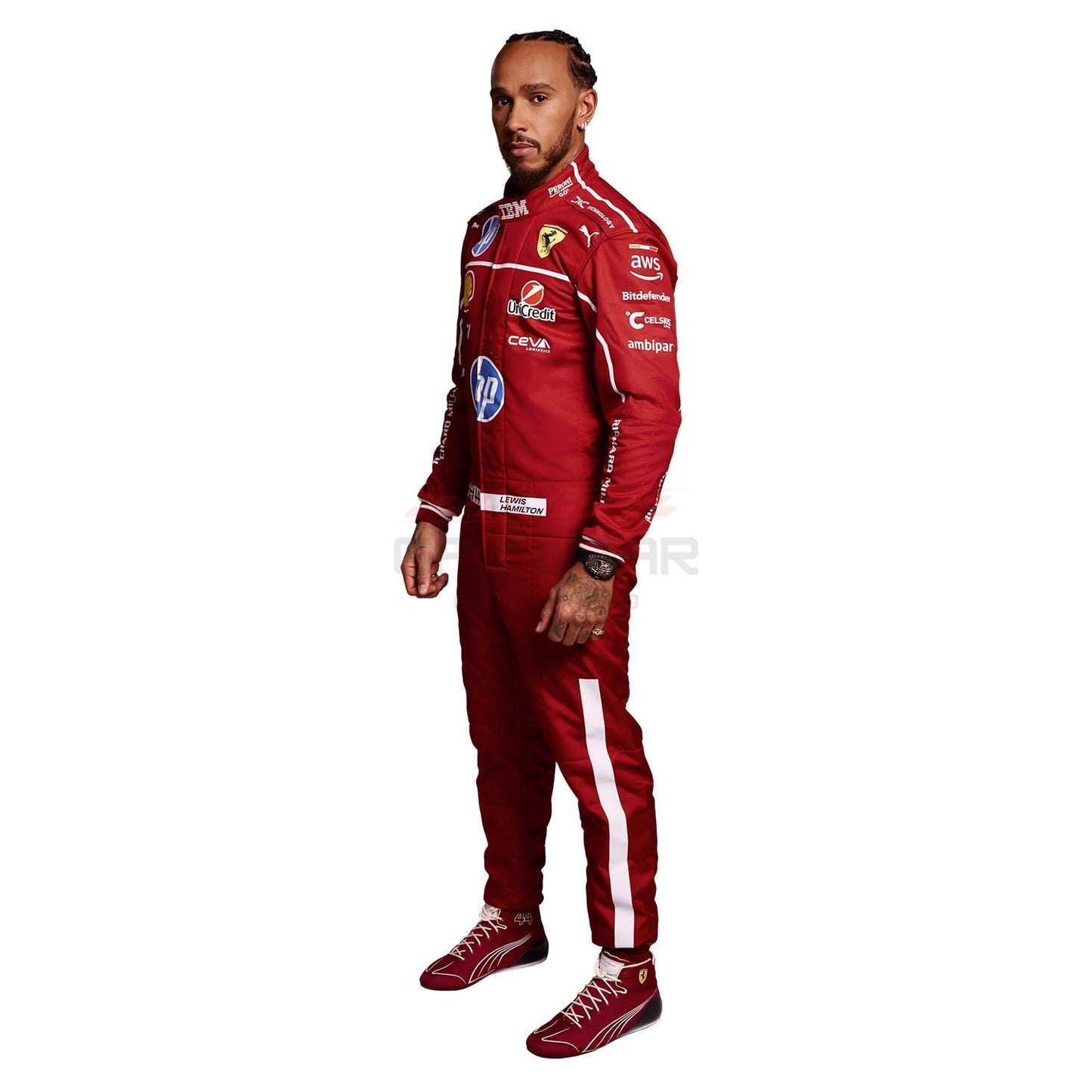 Lewis Hamilton wearing a red 2025 Ferrari F1 racing suit with various sponsor logos - GPX WEAR