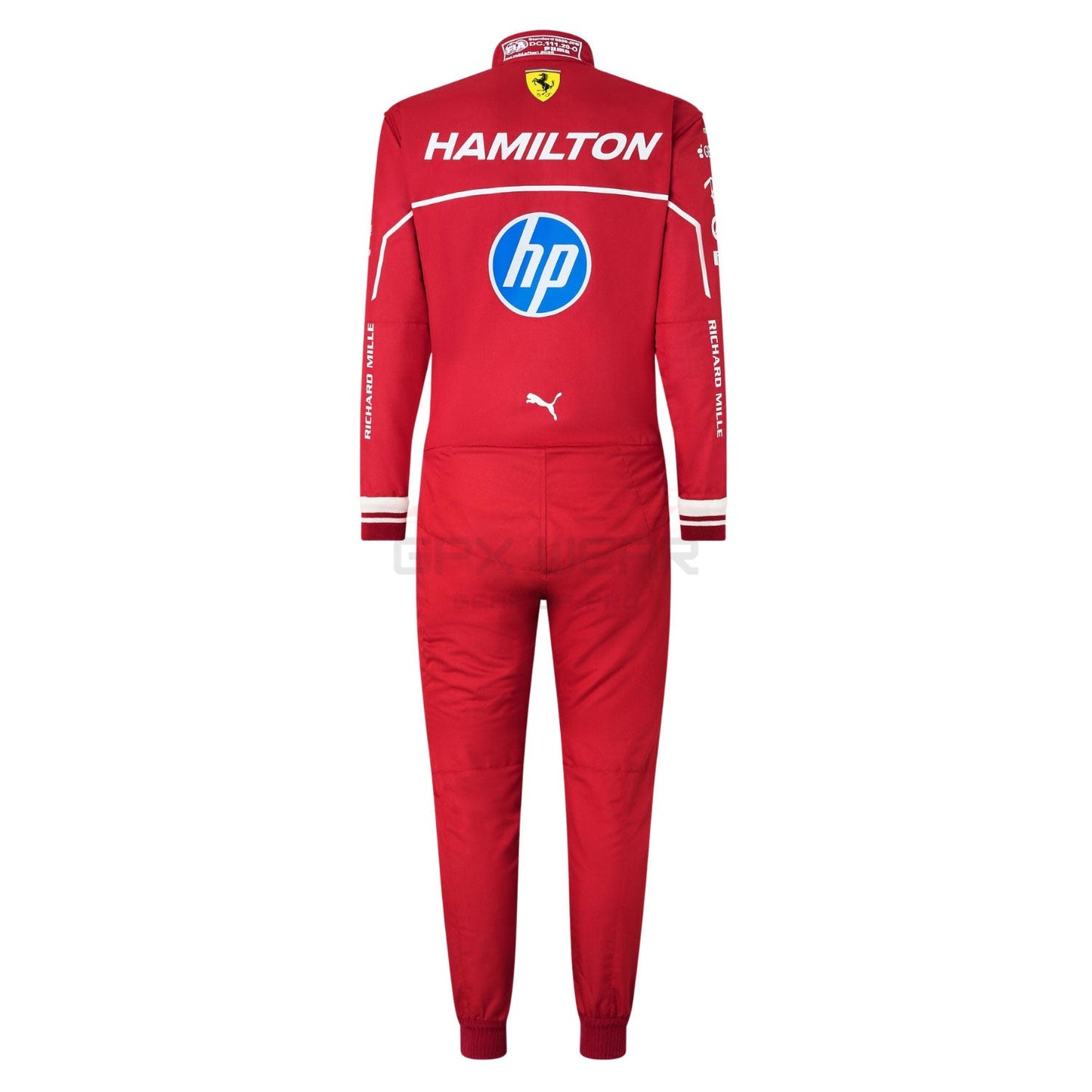 Back View of Lewis Hamilton Red Ferrari 2025 racing suit with 'Hamilton' and 'hp' logos - GPX WEAR