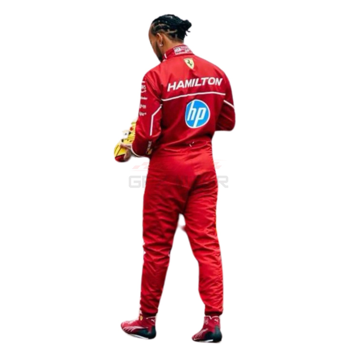 Lewis Hamilton wearing a red 2025 Ferrari F1 racing suit with 'Hamilton' and 'hp' logos - GPX WEAR