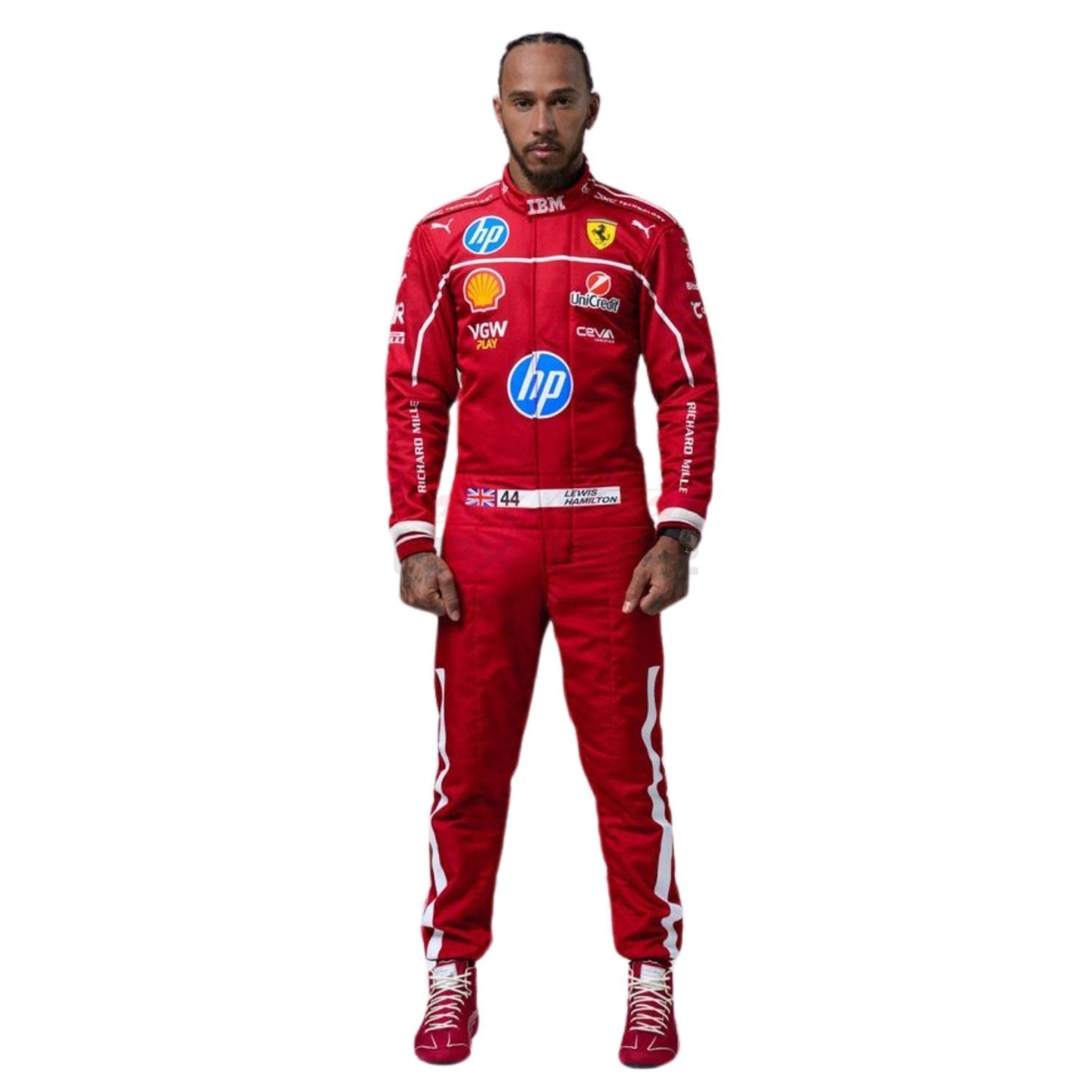 Lewis Hamilton wearing a red 2025 Ferrari F1 racing suit with various sponsor logos - GPX WEAR