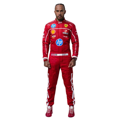 Lewis Hamilton wearing a red 2025 Ferrari F1 racing suit with various sponsor logos - GPX WEAR