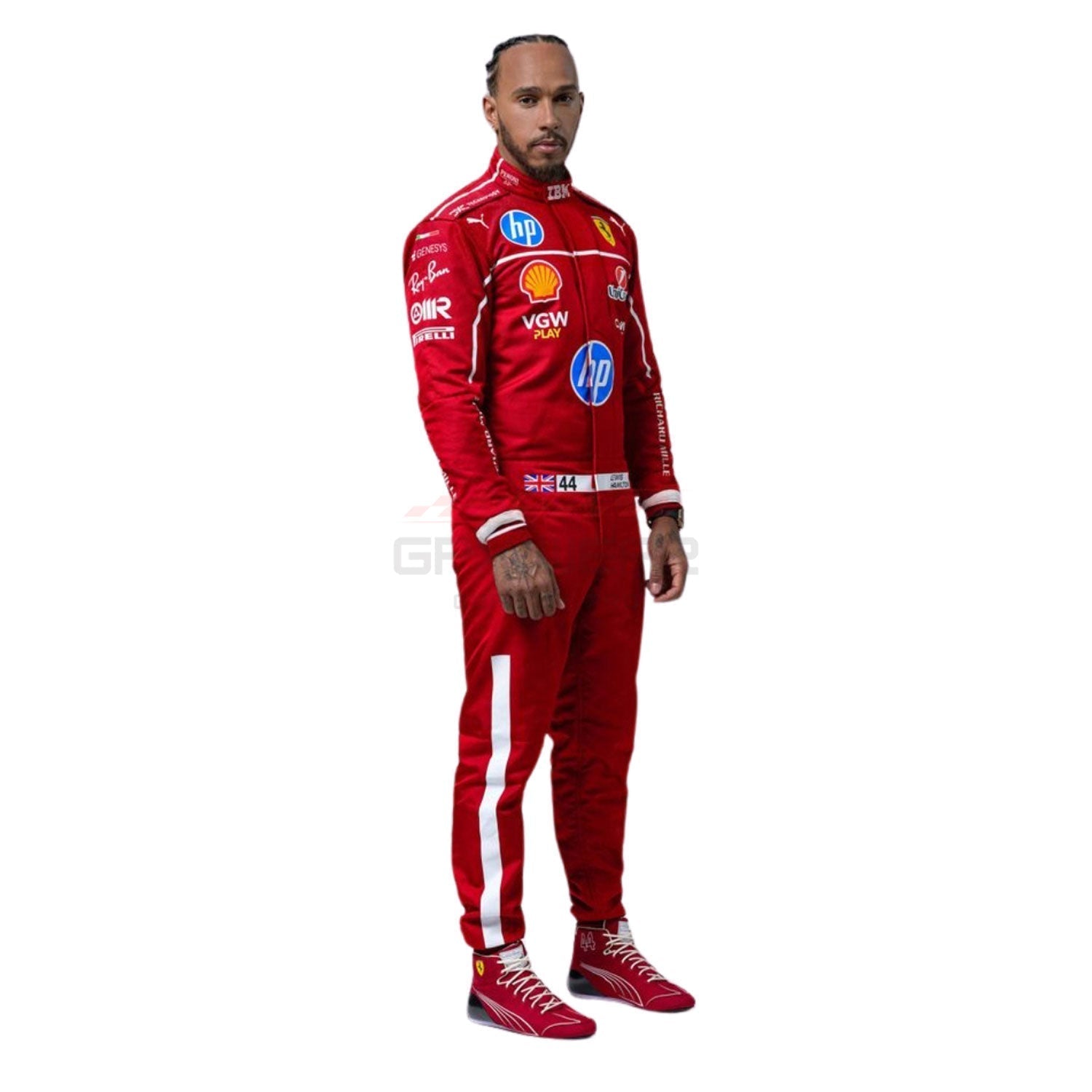 Lewis Hamilton wearing a red 2025 Ferrari F1 racing suit - GPX WEAR