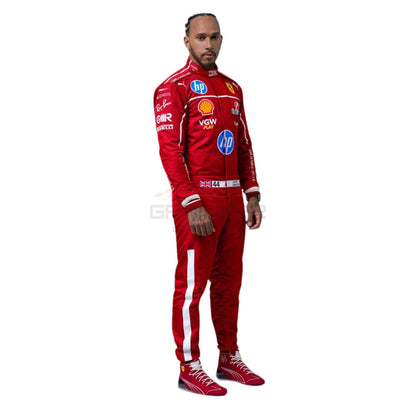 Lewis Hamilton wearing a red 2025 Ferrari F1 racing suit - GPX WEAR