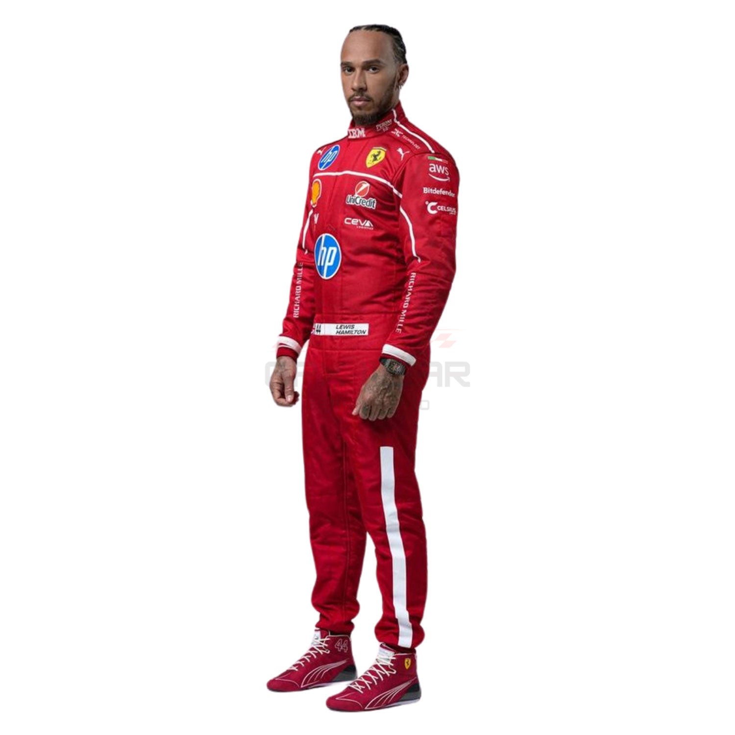 Lewis Hamilton wearing a red 2025 Ferrari F1 racing suit with various sponsor logos - GPX WEAR