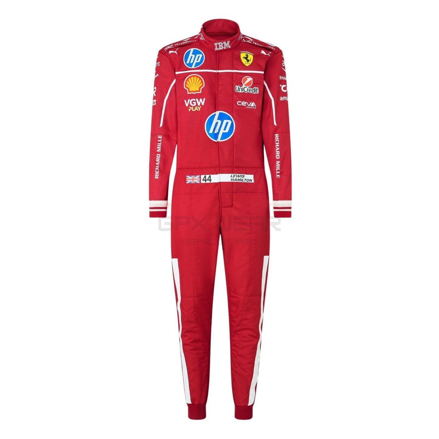 Lewis Hamilton 2025 Ferrari Red racing suit with multiple brand logos - GPX WEAR