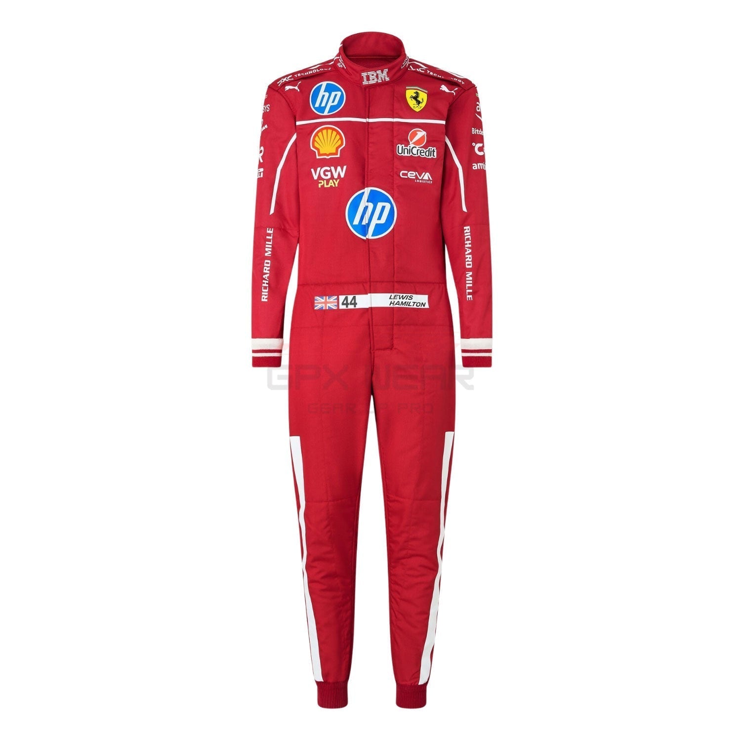 Lewis Hamilton 2025 Ferrari Red racing suit with multiple brand logos - GPX WEAR
