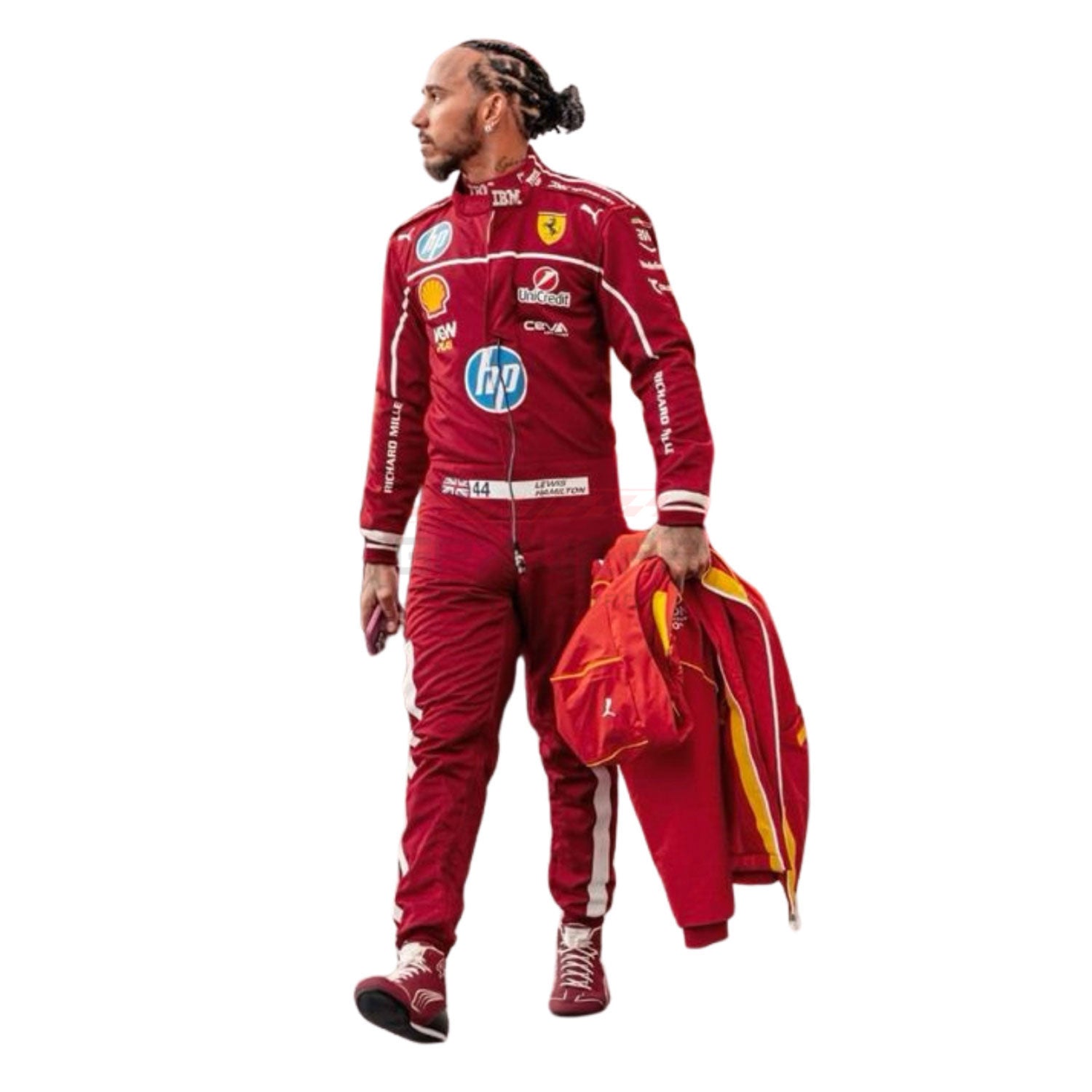 Lewis Hamilton wearing a red 2025 Ferrari F1 racing suit with various sponsor logos - GPX WEAR
