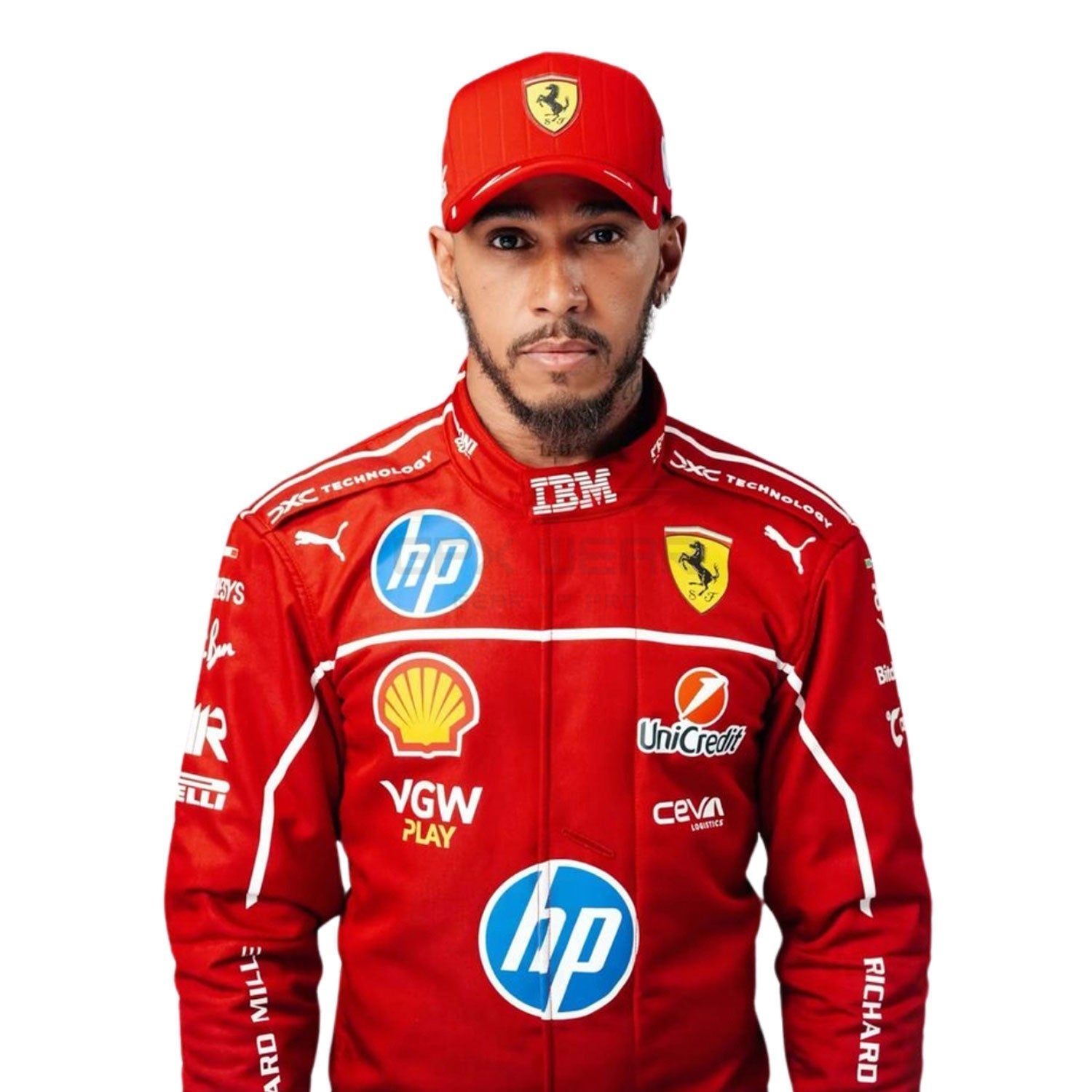 Lewis Hamilton wearing a red 2025 Ferrari F1 racing suit with various sponsor logos - GPX WEAR