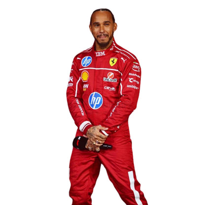 Lewis Hamilton wearing a red 2025 Ferrari F1 racing suit with various sponsor logos - GPX WEAR