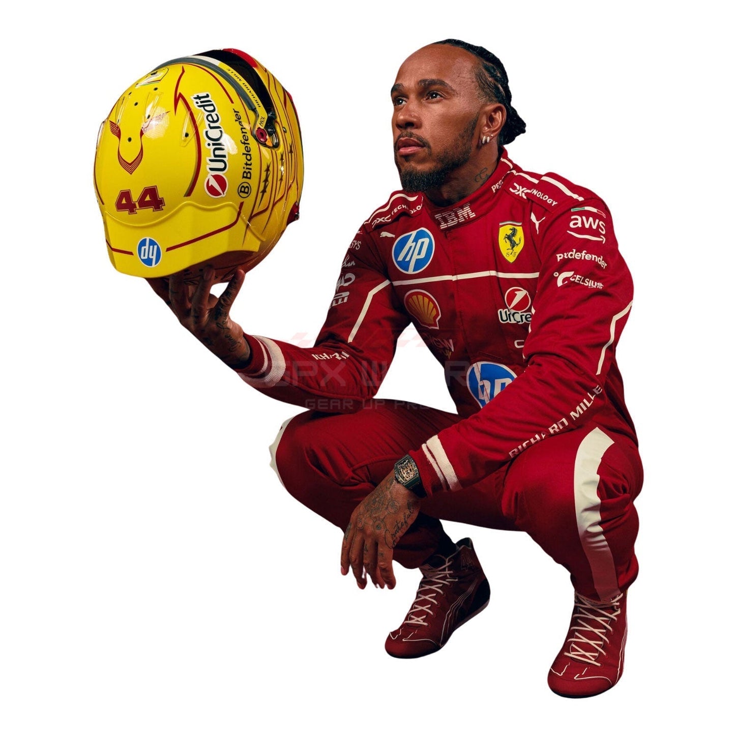 Lewis Hamilton wearing a red 2025 Ferrari F1 racing suit - GPX WEAR