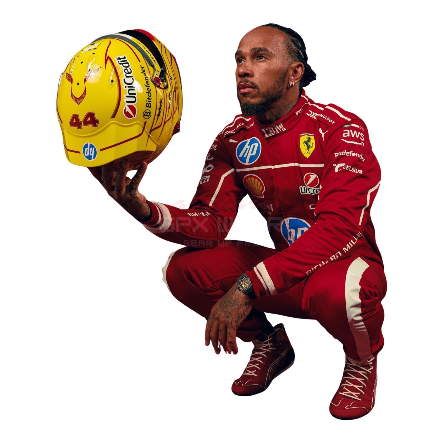 Lewis Hamilton wearing a red 2025 Ferrari F1 racing suit - GPX WEAR