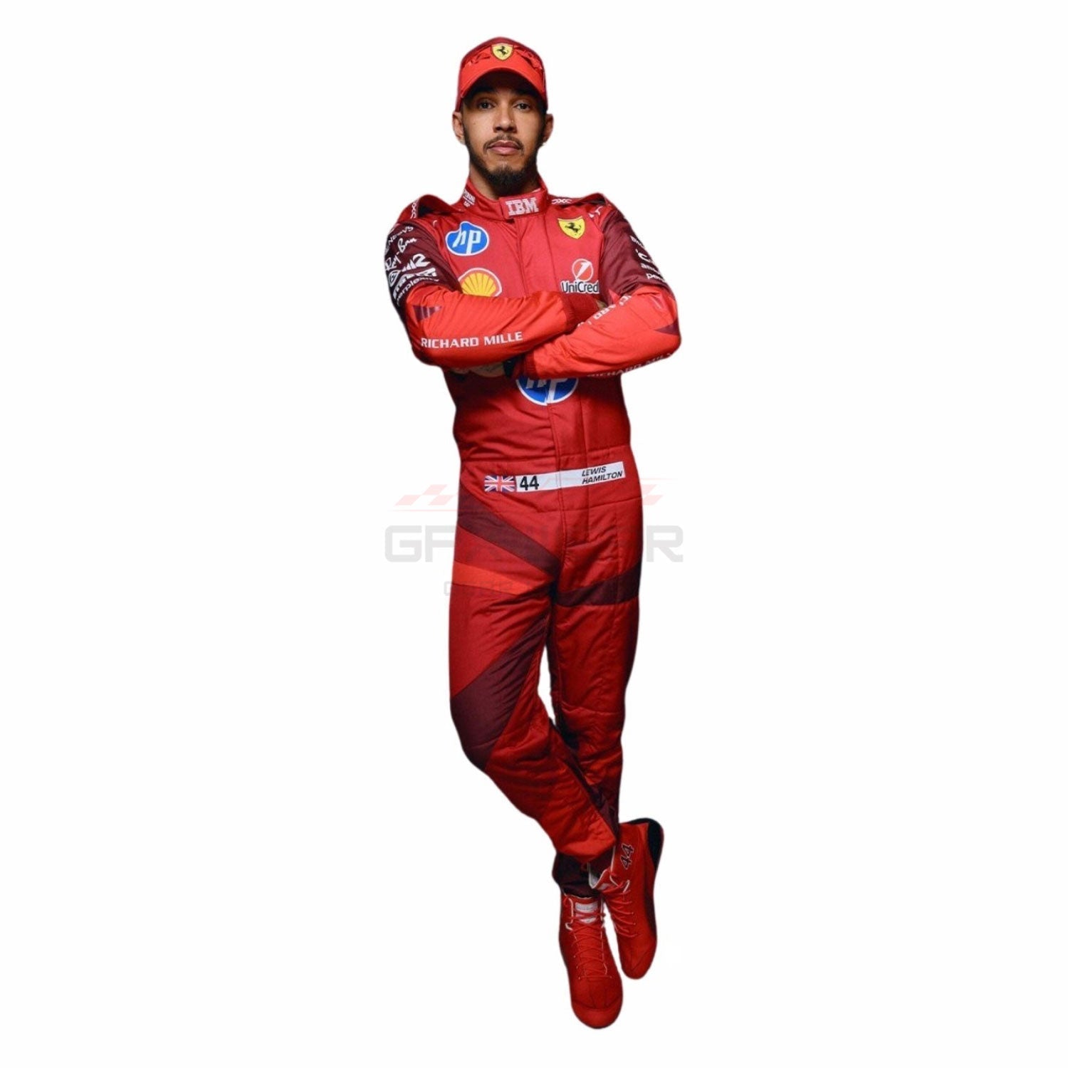 Lewis Hamilton wearing a red 2025 Ferrari Las Vegas GP F1 racing suit with various sponsor logos - GPX WEAR
