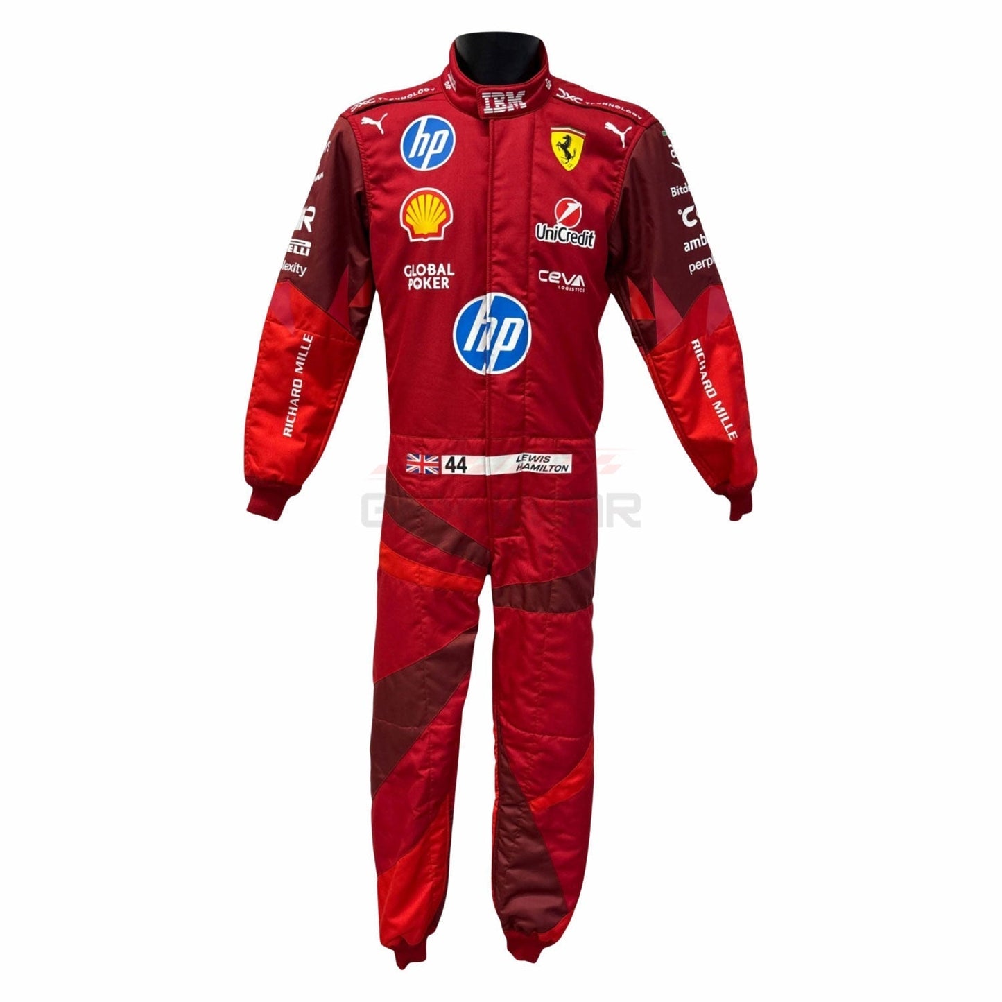Red Lewis Hamilton 2025 Las Vegas GP F1 racing suit with various brand logos - GPX WEAR