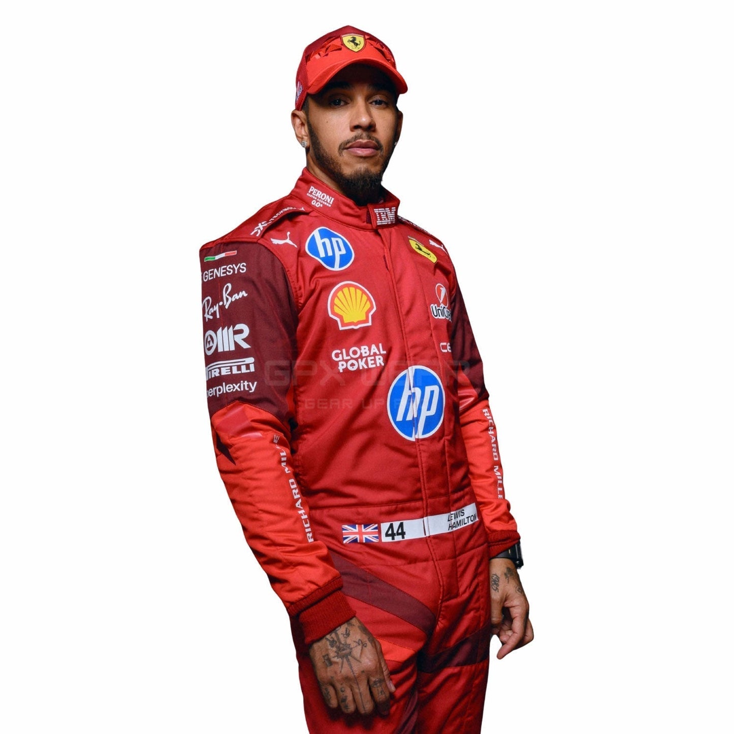 Lewis Hamilton wearing a red 2025 Ferrari Las Vegas GP F1 racing suit  with various sponsor logos - GPX WEAR