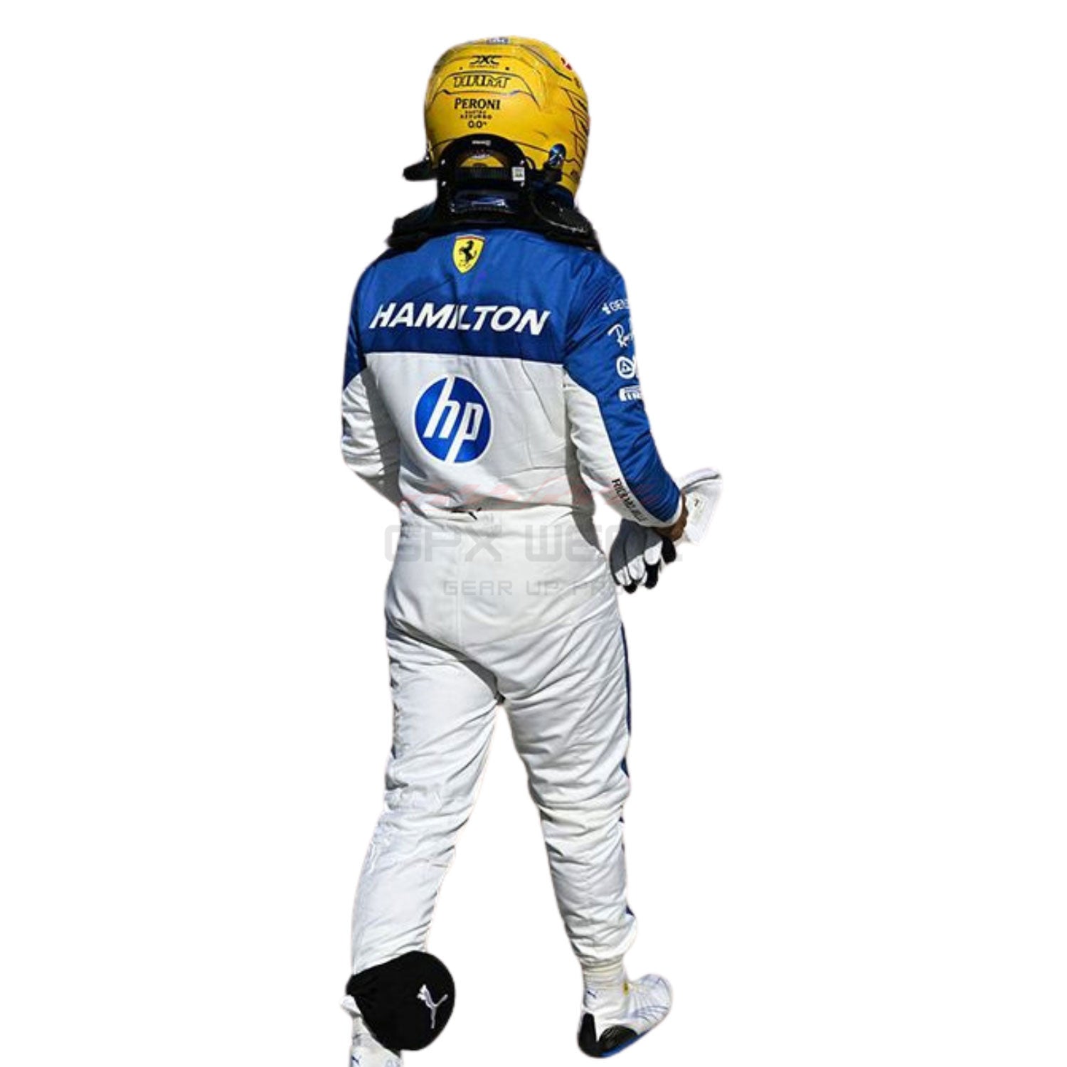 Back View of 2025 Lewis Hamilton Miami GP F1 Racing Suit Team Ferrari