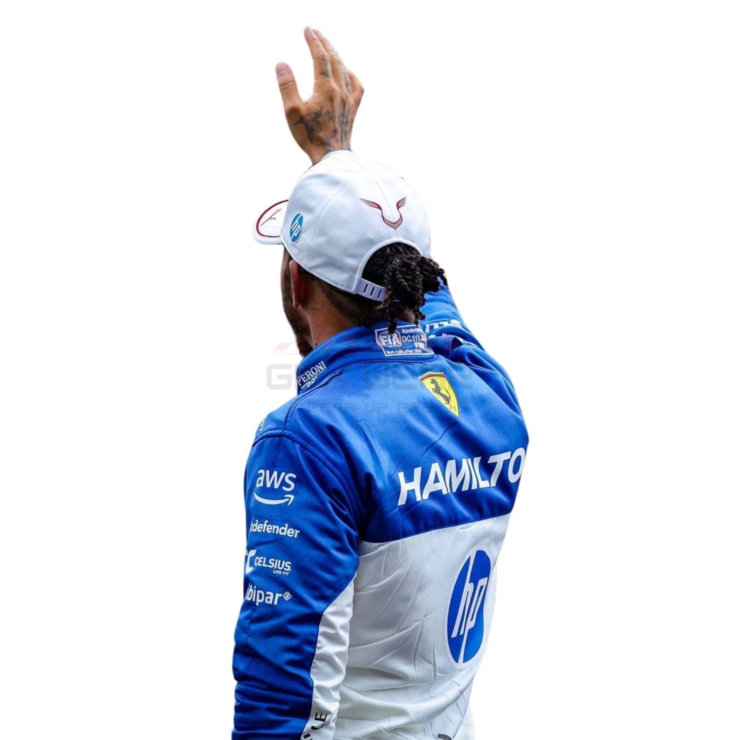 Back View of 2025 Lewis Hamilton Wearing Miami GP F1 Racing Suit