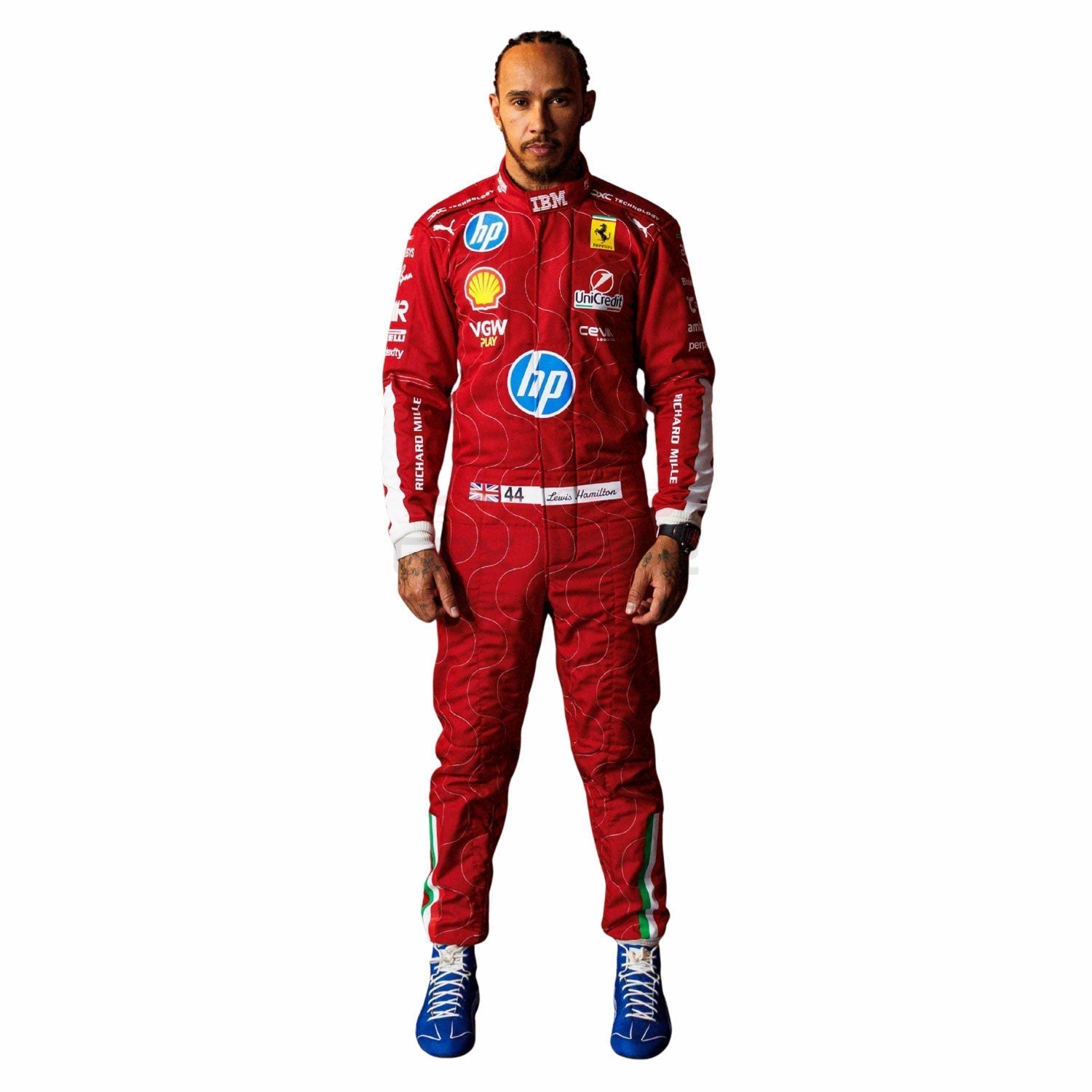 Lewis Hamilton wearing a red 2025 Ferrari Monza GP F1 racing suit with various sponsor logos - GPX WEAR
