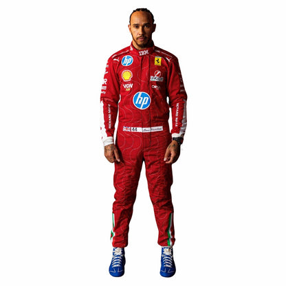 Lewis Hamilton wearing a red 2025 Ferrari Monza GP F1 racing suit with various sponsor logos - GPX WEAR