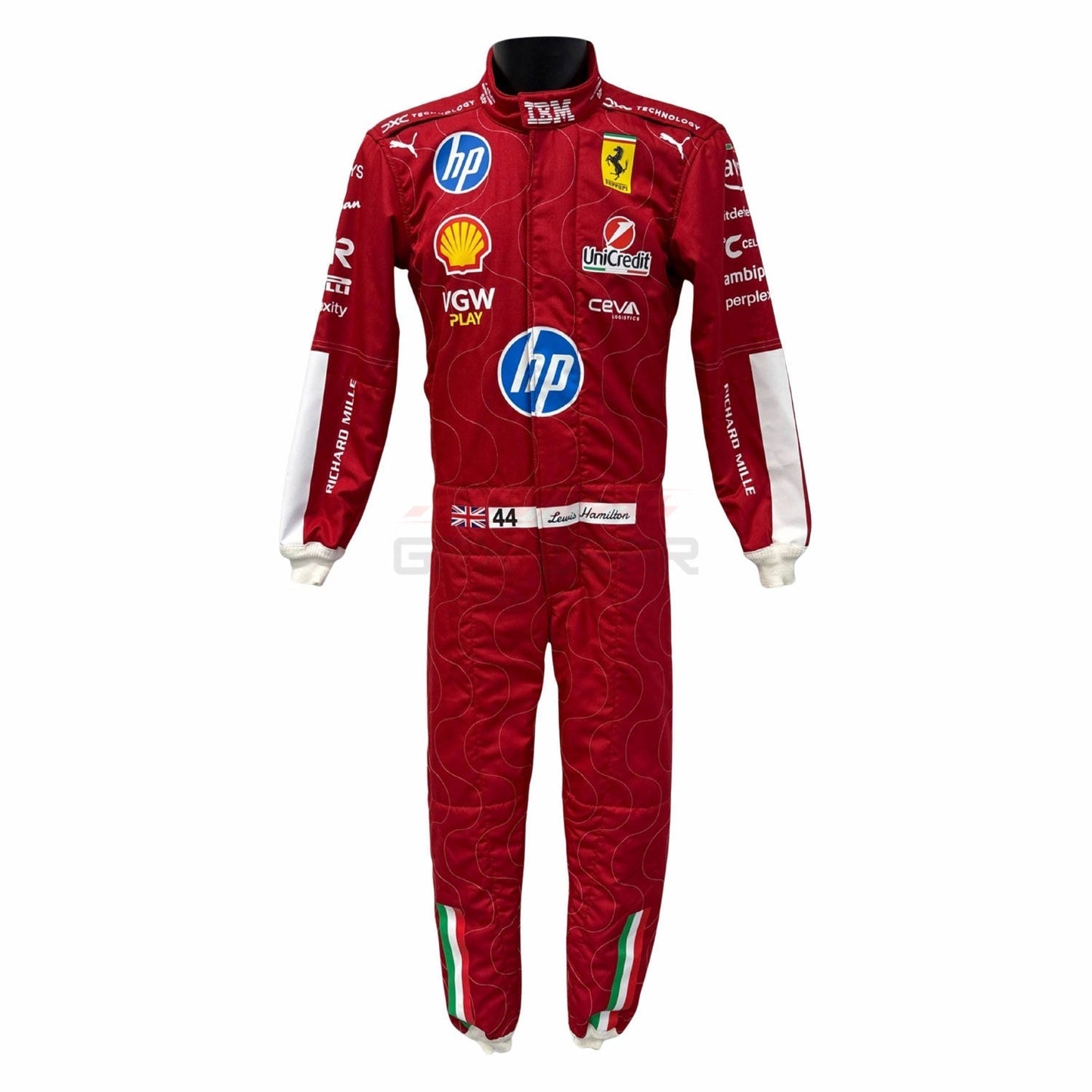 Front View of Lewis Hamilton 2025 Ferrari Monza GP Red racing suit various sponsor logos - GPX WEAR