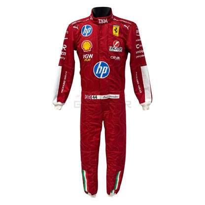 Front View of Lewis Hamilton 2025 Ferrari Monza GP Red racing suit various sponsor logos - GPX WEAR