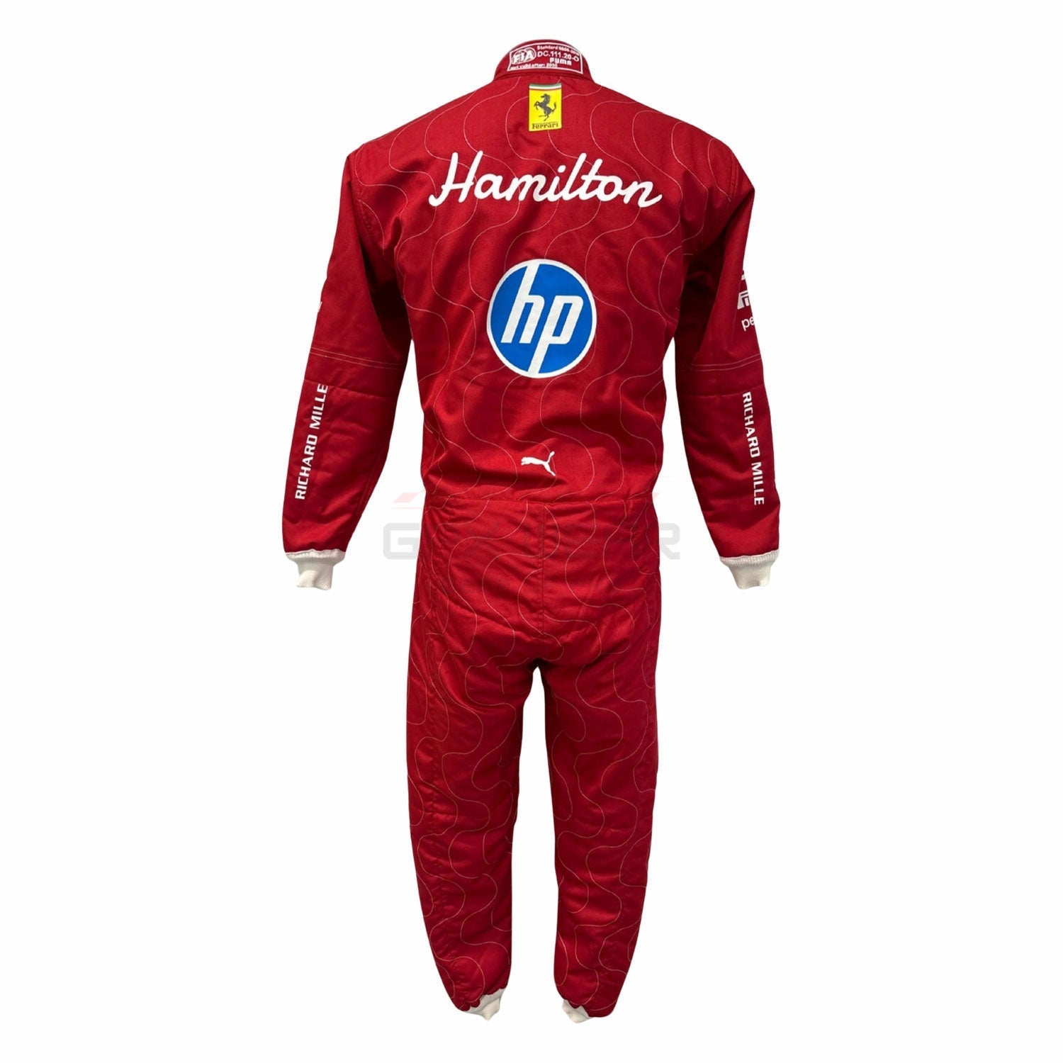 Back View of Lewis Hamilton 2025 Ferrari Monza GP Red racing suit with 'Hamilton' and 'hp' logos - GPX WEAR