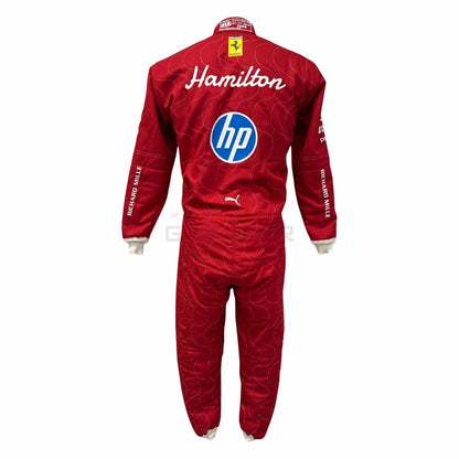 Back View of Lewis Hamilton 2025 Ferrari Monza GP Red racing suit with 'Hamilton' and 'hp' logos - GPX WEAR