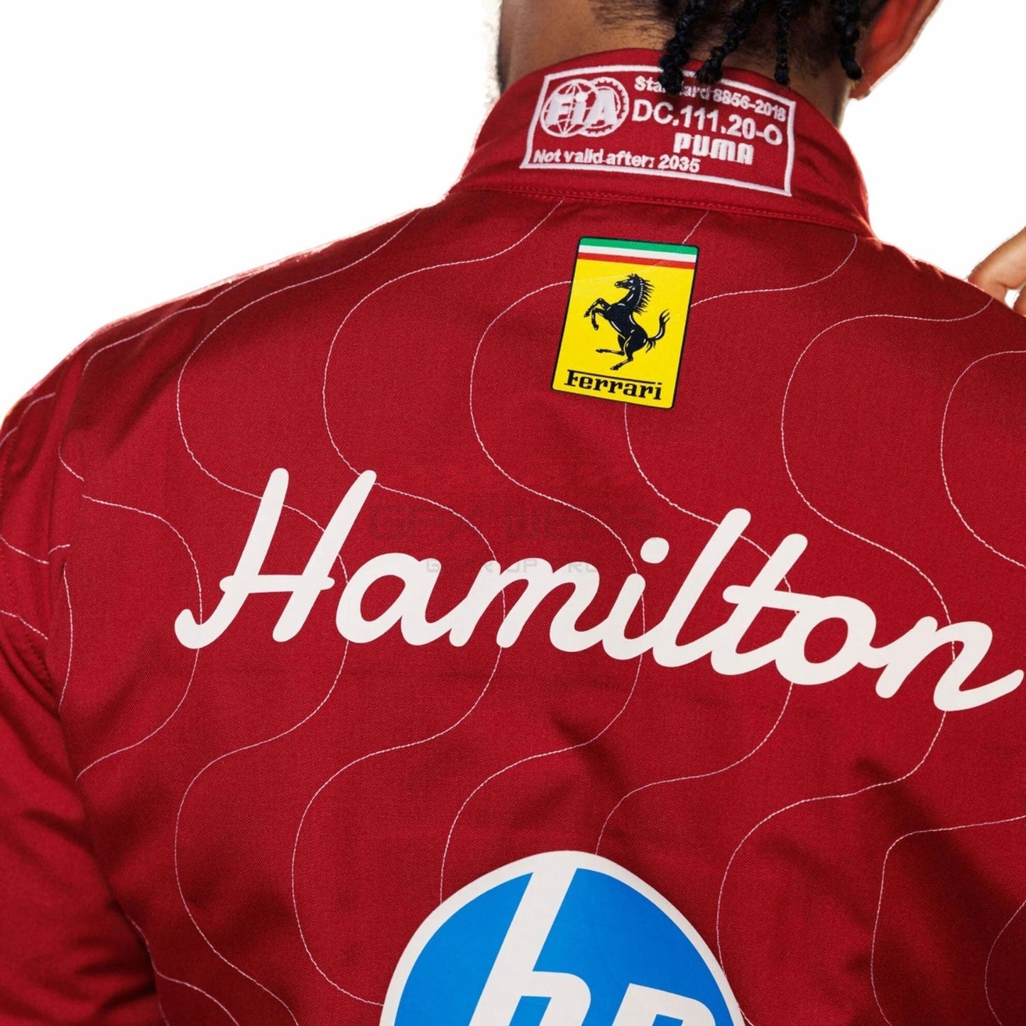 Back View of Lewis Hamilton 2025 Ferrari Monza GP Red racing suit 'Hamilton' branding and Ferrari logo  - GPX WEAR