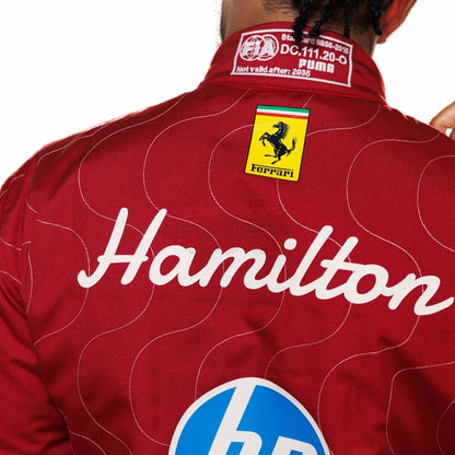 Back View of Lewis Hamilton 2025 Ferrari Monza GP Red racing suit 'Hamilton' branding and Ferrari logo  - GPX WEAR