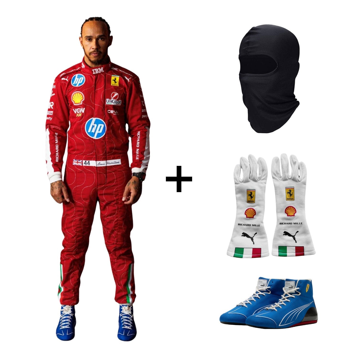 2025 Lewis Hamilton Monza GP Ferrari F1 red racing suit with various logos, black balaclava, white gloves with colored stripes, and blue shoes bundle - GPX WEAR