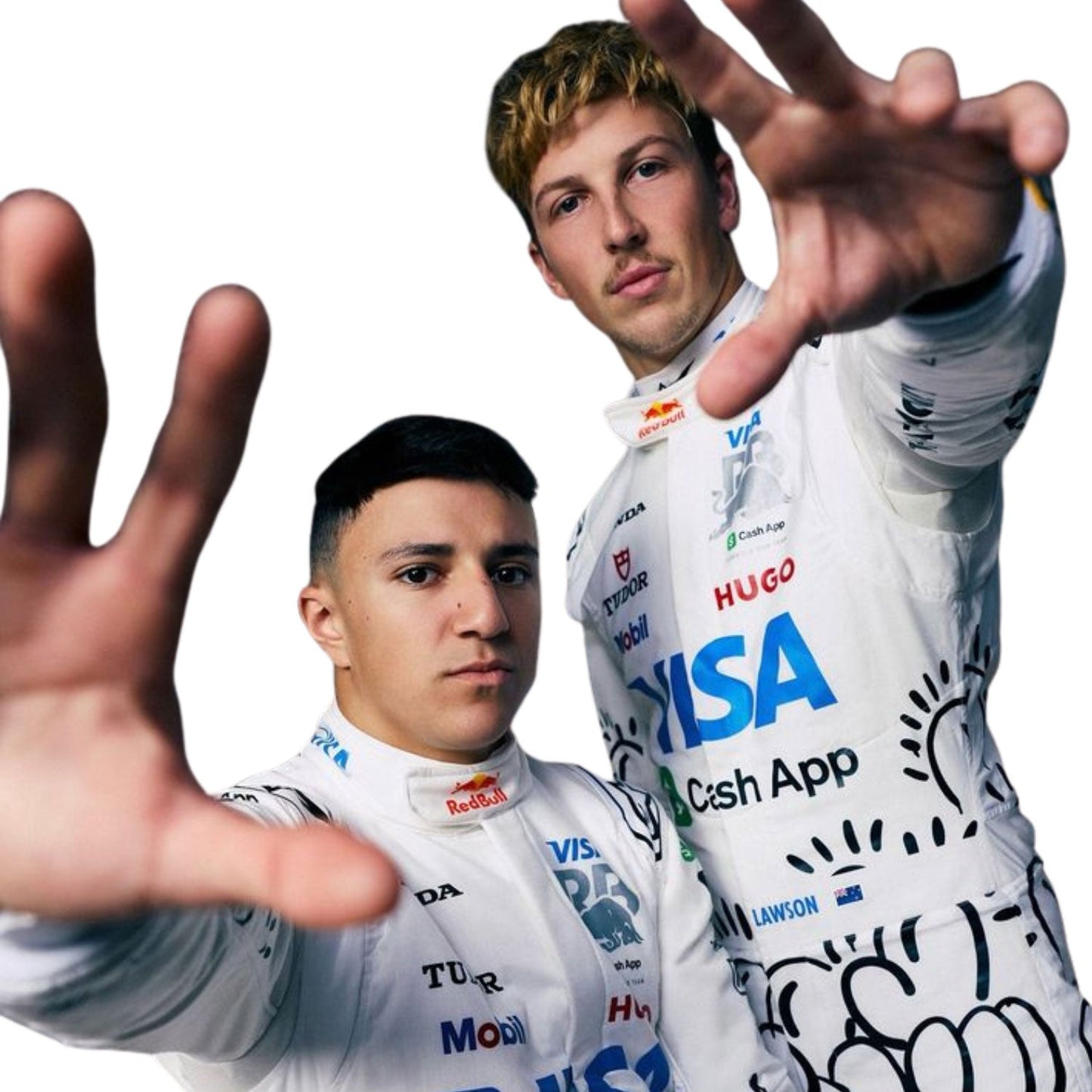 2025 Liam Lawson And Isack posing for Picture in British GP F1 Racing Suit Team Racing Bulls